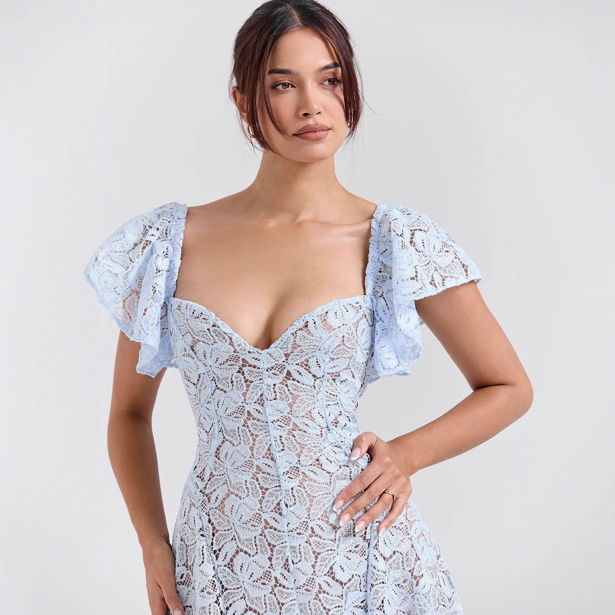 Damen Maxikleid Spitze Rüschen Herzausschnitt
