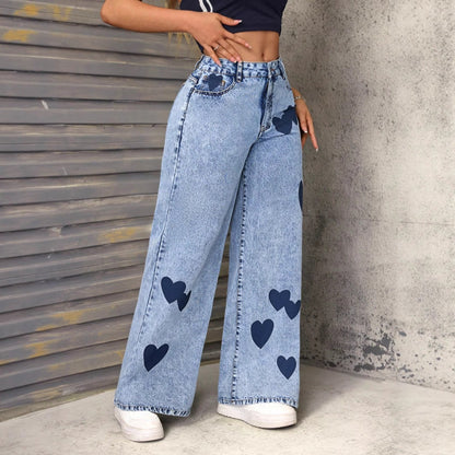 Damen Weite Jeans Herzen-Applikationen Norvielle