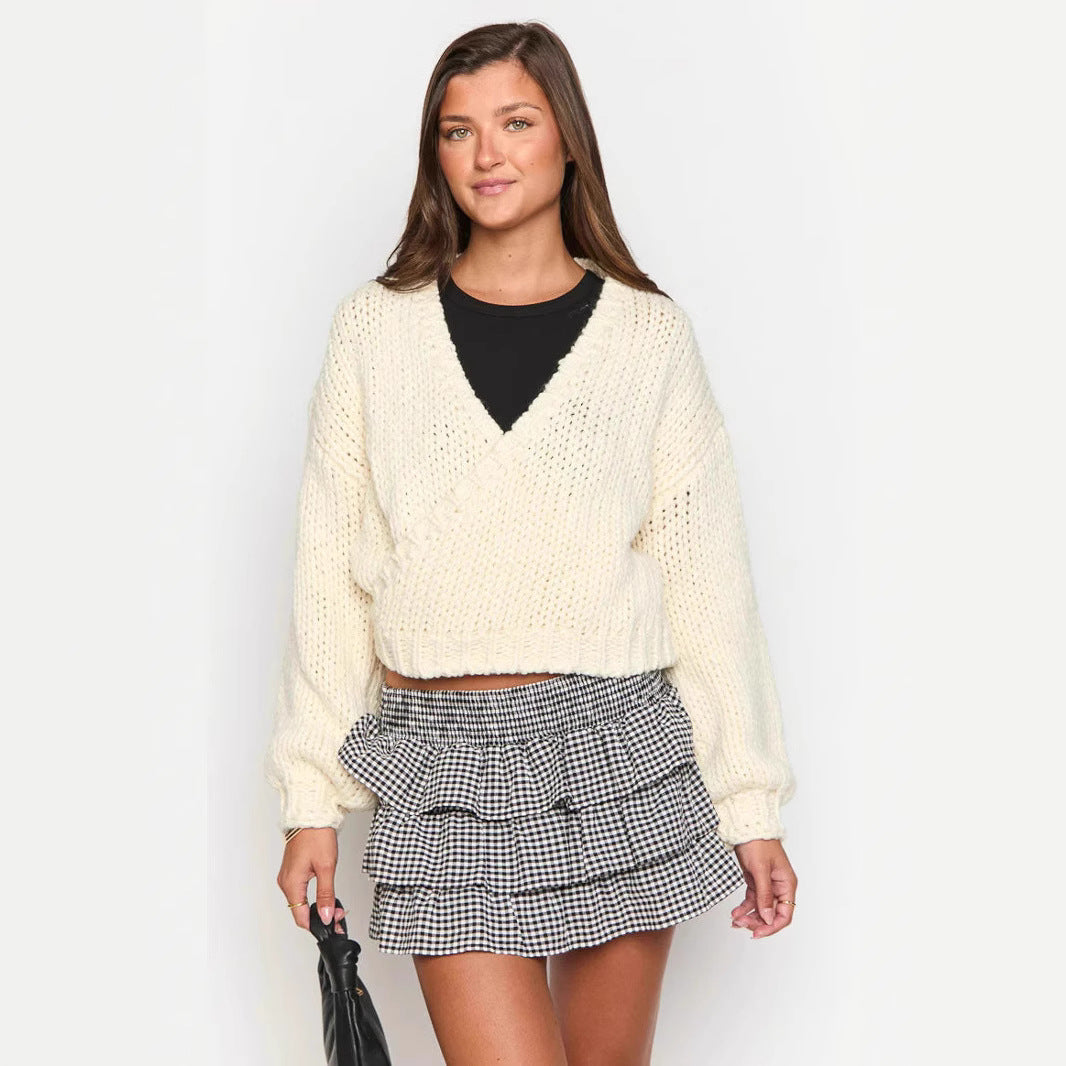 Damen Wickelpullover V-Ausschnitt Voluminöse Ärmel Norvielle