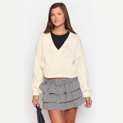Damen Wickelpullover V-Ausschnitt Voluminöse Ärmel Norvielle