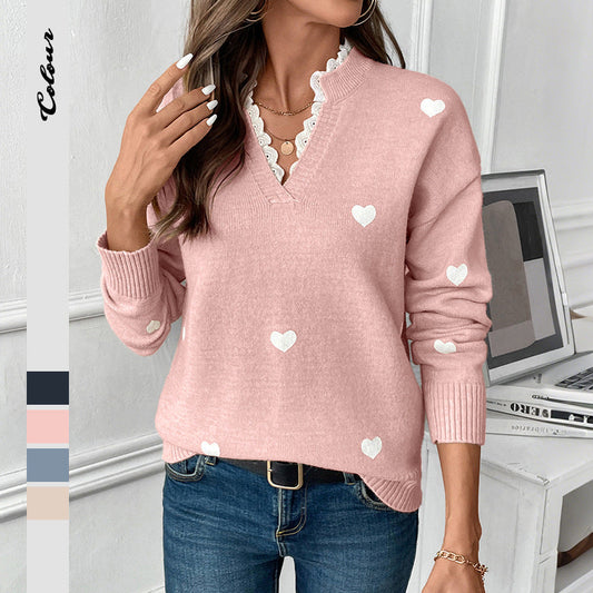 Damen Strickpullover Herzmuster Rüschendetails - Norvielle