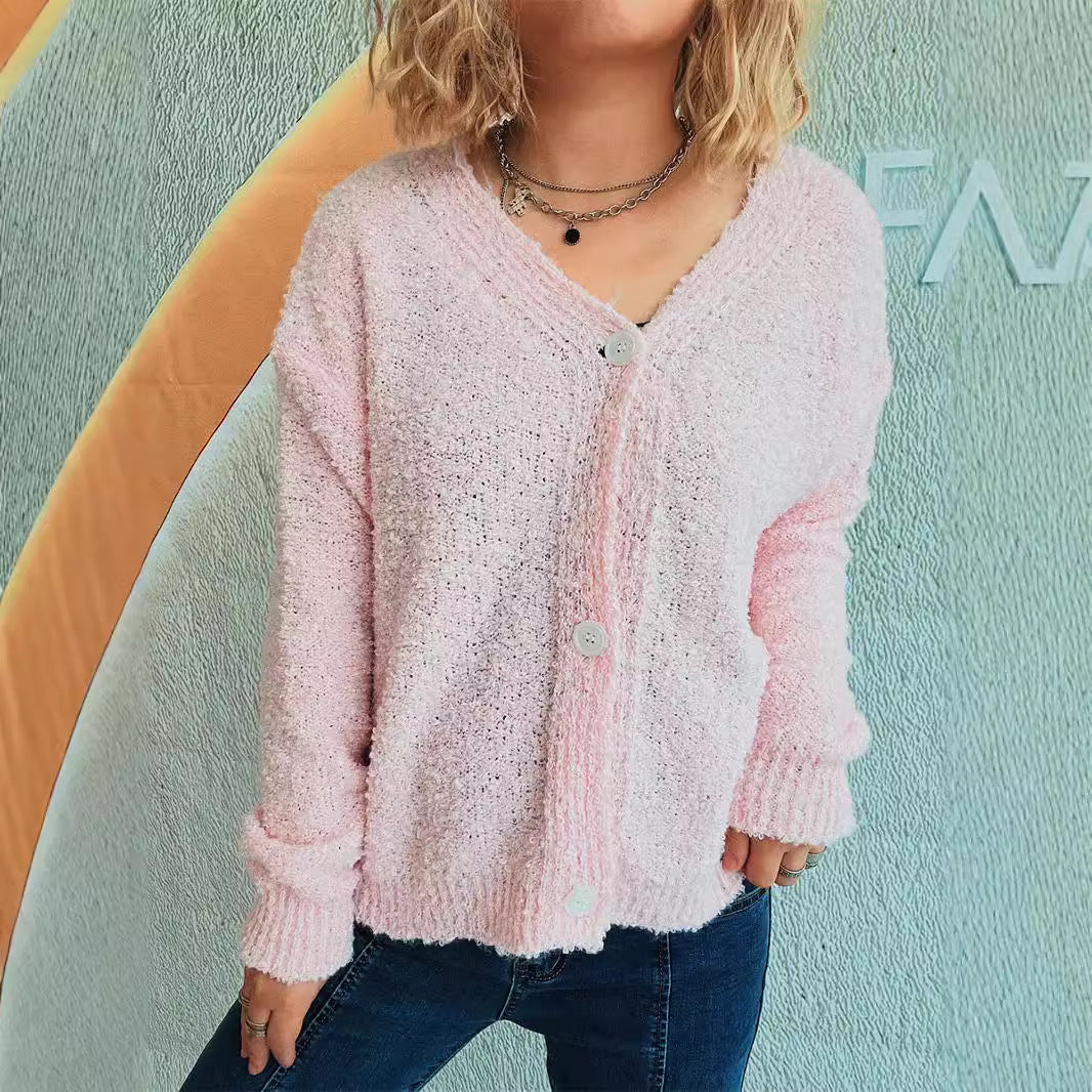 Damen Strickcardigan V-Ausschnitt Knöpfe Beige