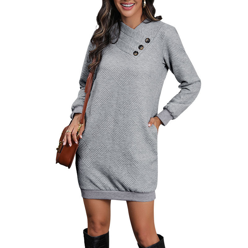 Damen Sweatkleid Strukturiertes Muster Dekorative Knöpfe Beige