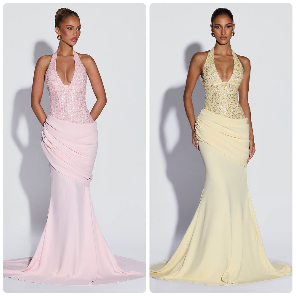 Damen Abendkleid Schimmerndes Oberteil Fließender Rock Norvielle - Norvielle