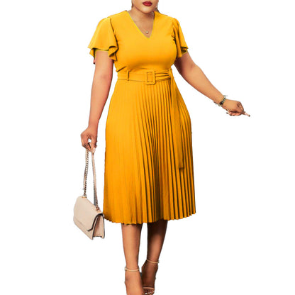 Damen Plissee-Kleid mit Taillengürtel Elegantes Damenkleid