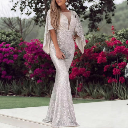 Damen Abendkleid Pailletten V-Ausschnitt Flügelärmel Schwarz - Norvielle