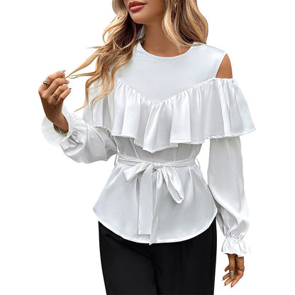 Damen Bluse Rüschendetails Taillenbindegürtel Norvielle