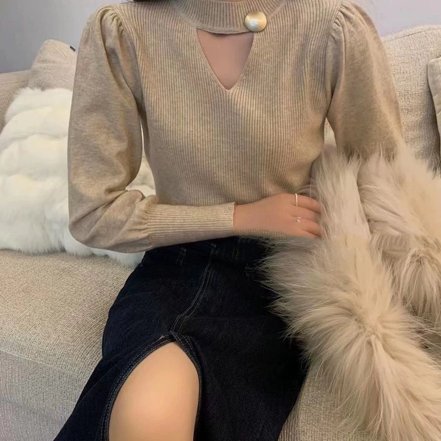 Damen Pullover V-Ausschnitt Dekorativer Knopf Leicht Norvielle