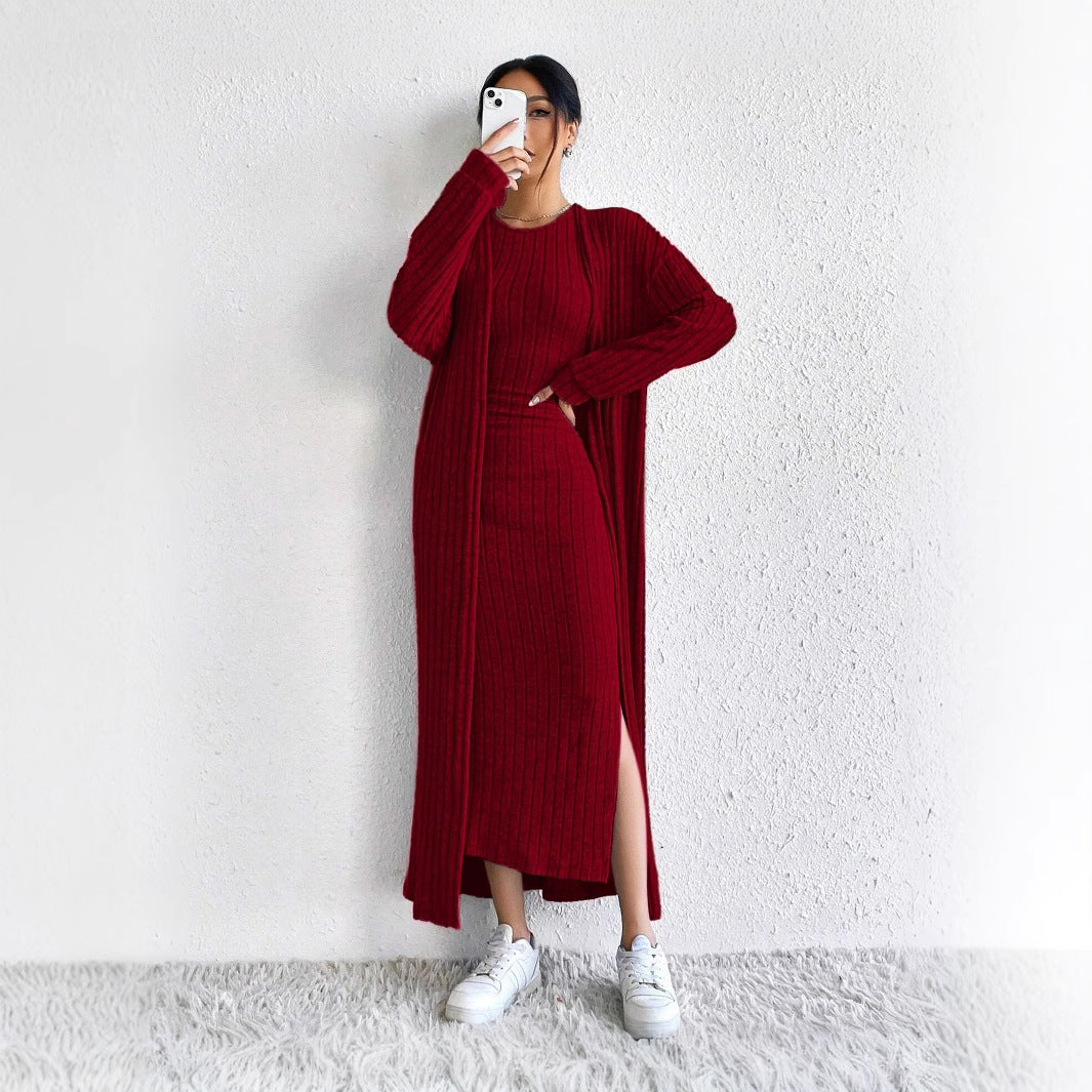 Damen Strickkleid Langärmlig Mit Cardigan