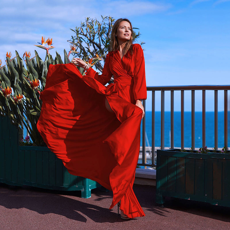 Damen Maxikleid V-Ausschnitt Elegantes Seitenöffnung Norvielle