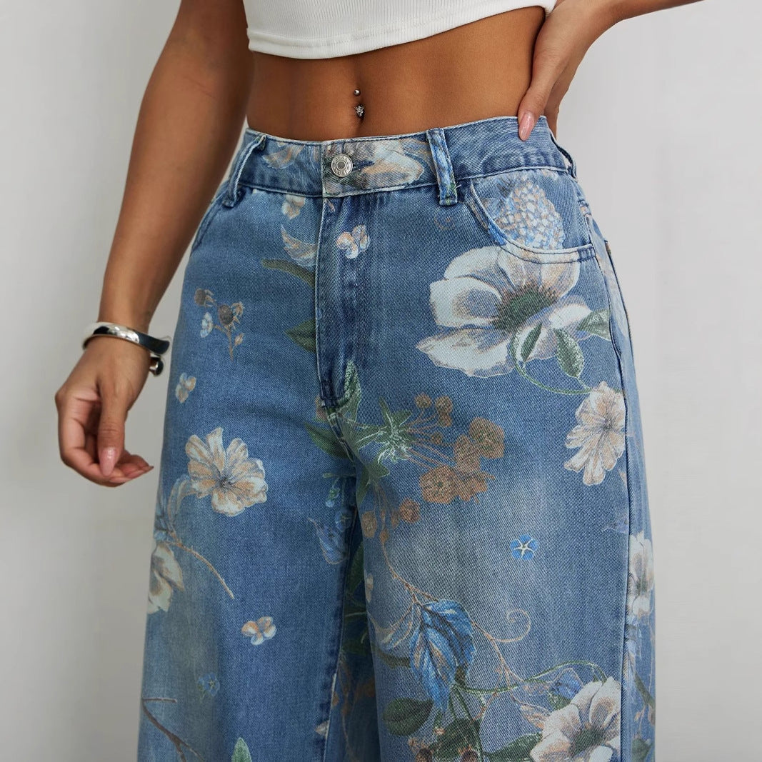 Damen Weite Jeans Florales Design Hochtailliert