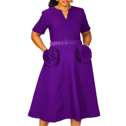 Damen Midi-Kleid mit Blumenapplikationen und Taillengürtel Norvielle