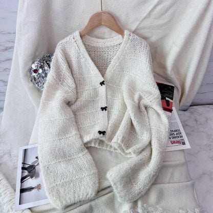 Damen Strickjacke Luftig Ballonärmel Knöpfe Beige - Norvielle