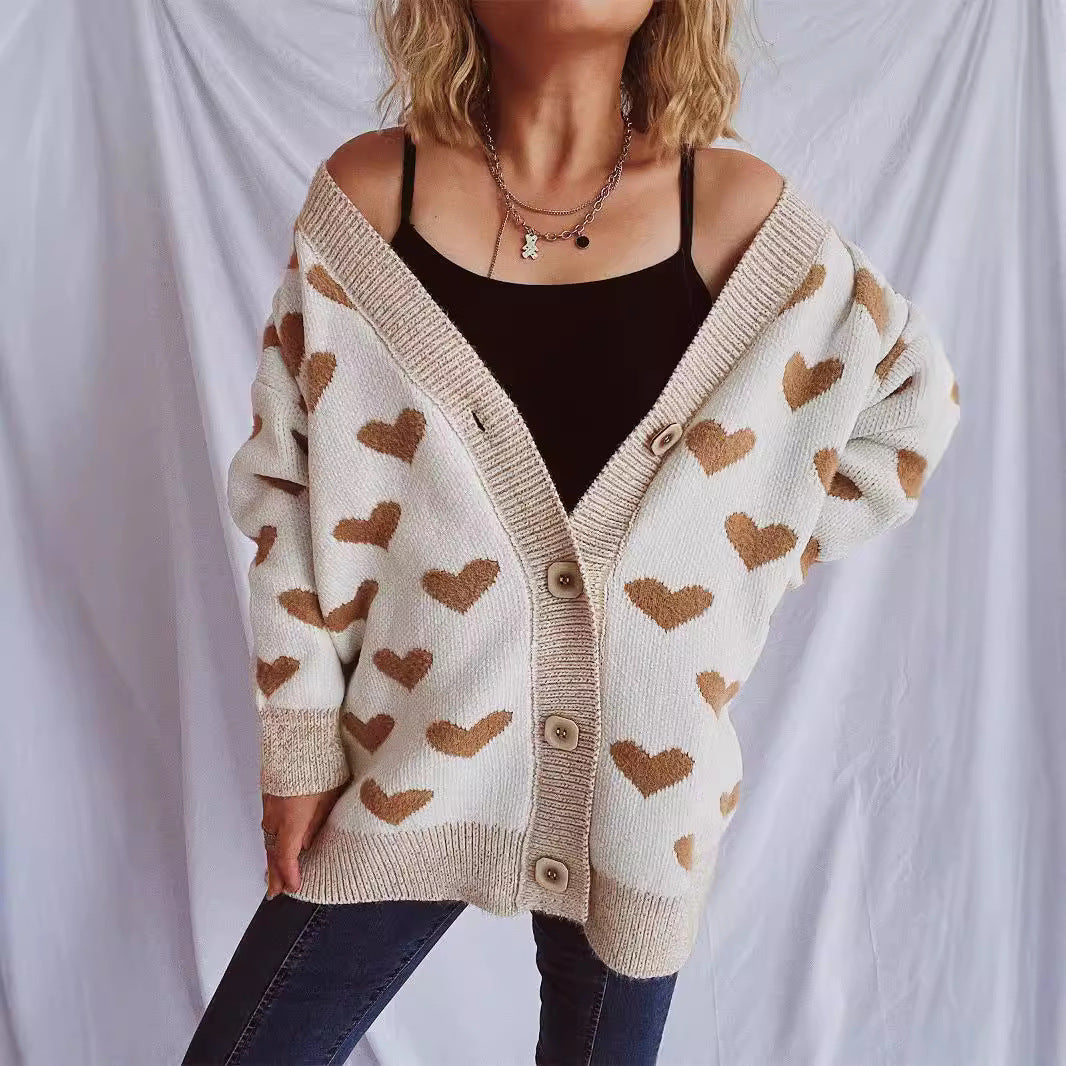 Damen Strickjacke Herz-Muster Knopf-Detail Beige
