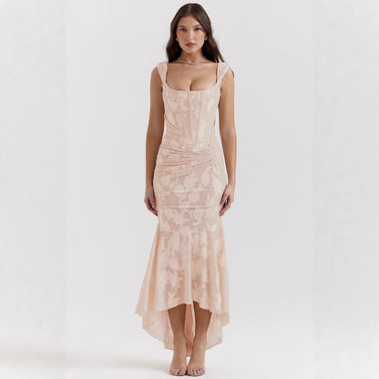 Damen Maxikleid Bateau Ausschnitt Floraltextur Asymmetrisch Norvielle