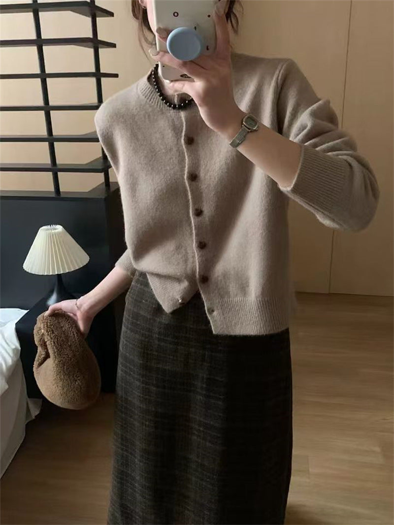 Damen Strickcardigan Weich Rippstruktur Knöpfe Beige
