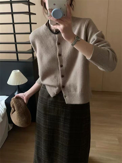 Damen Strickcardigan Weich Rippstruktur Knöpfe Beige