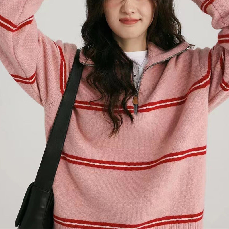 Damen Strickpullover Lässig Reißverschluss Streifen Norvielle