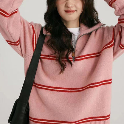 Damen Strickpullover Lässig Reißverschluss Streifen Norvielle
