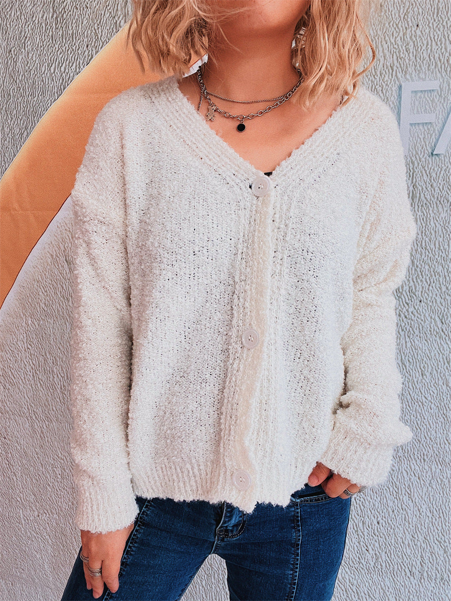 Damen Strickcardigan V-Ausschnitt Knöpfe Beige