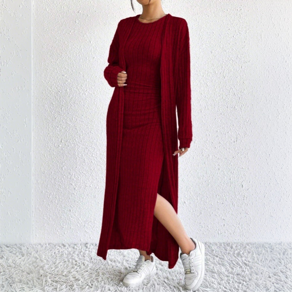 Damen Strickkleid Langärmlig Mit Cardigan