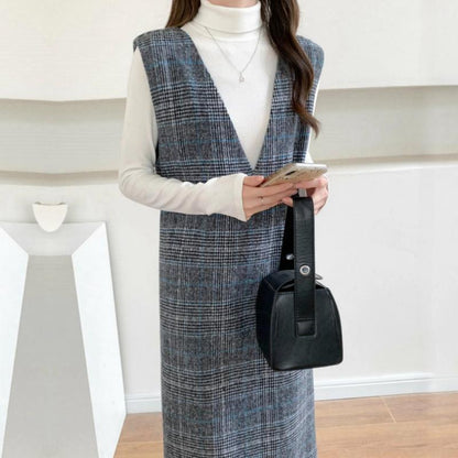 Damen Maxikleid Karomuster V-Ausschnitt Elegantes Design
