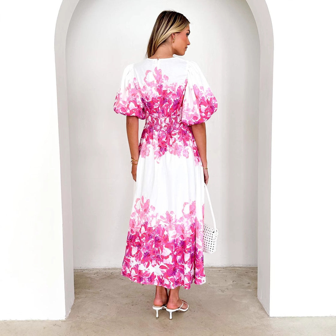 Damen Maxikleid Voluminöse Puffärmel Florales Design