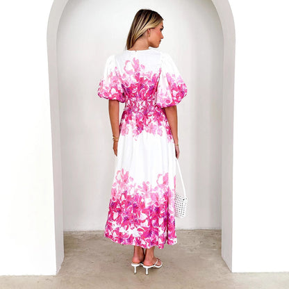 Damen Maxikleid Voluminöse Puffärmel Florales Design