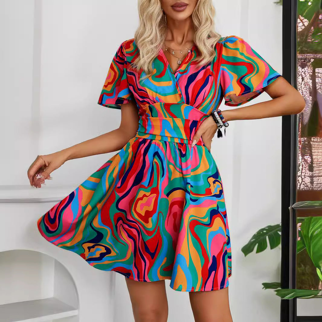 Damen Kurzarmkleid Wellenmuster Tailliert Norvielle - Norvielle