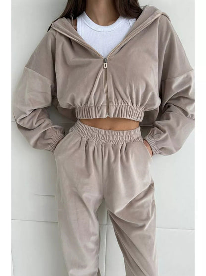 Damen Velours-Sweatjacke Weites Design Elastischer Bund Beige