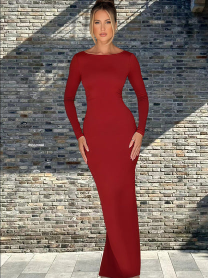 Damen Maxikleid Langarm Elegantes V-Ausschnitt
