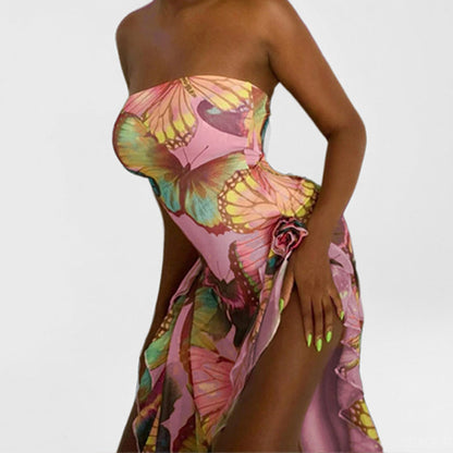 Damen Strandkleid Asymmetrisch Bunt Schmetterlingsmuster