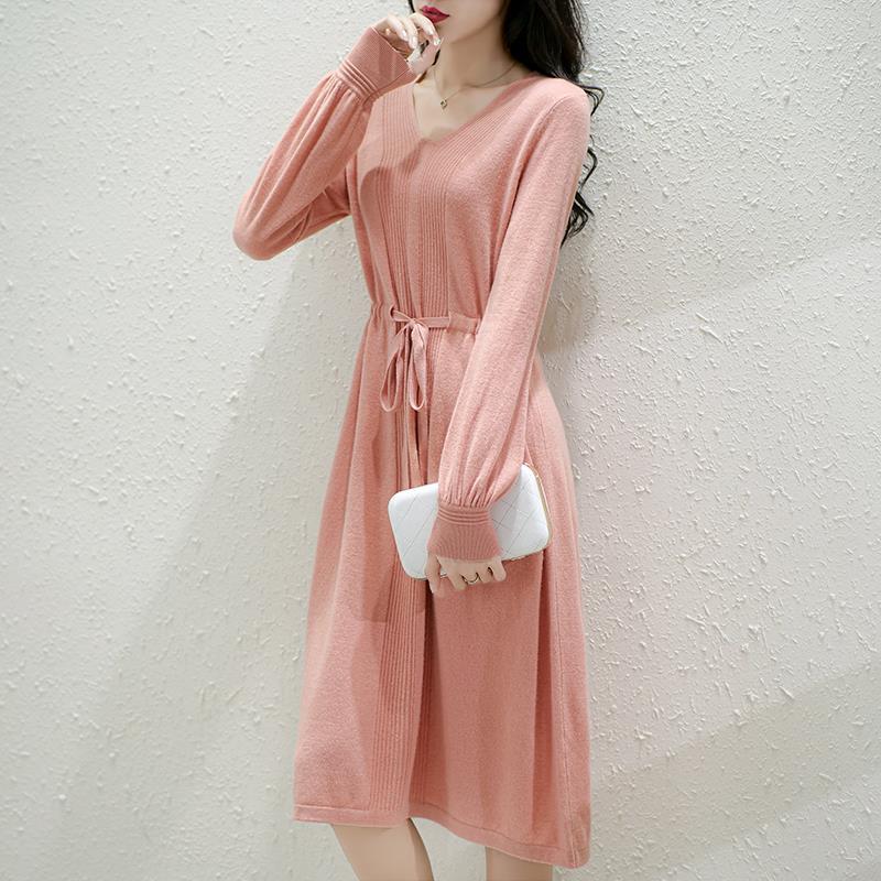 Damen Strickkleid V-Ausschnitt Taillengürtel Norvielle