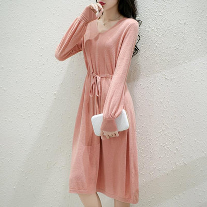 Damen Strickkleid V-Ausschnitt Taillengürtel Norvielle