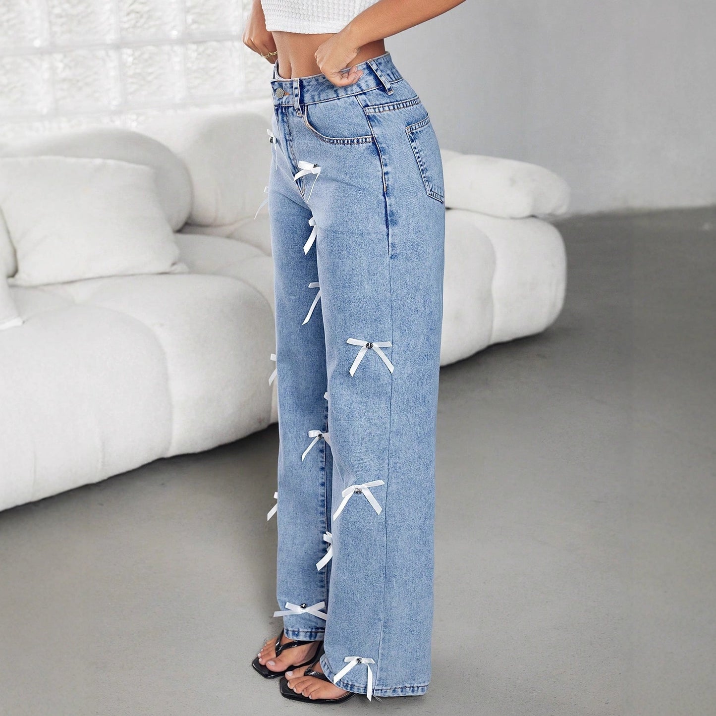 Damen Weite Jeans Dekorative Schleifen