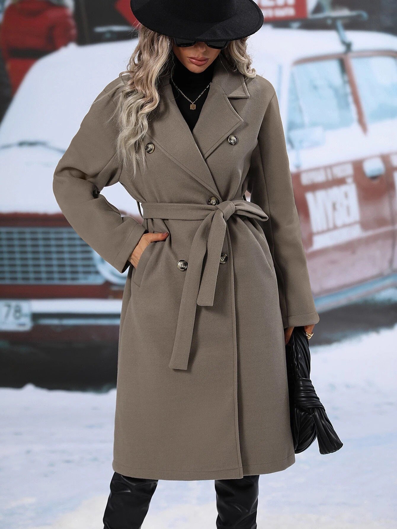 Damen Oversized-Mantel Doppelter Knopfleiste Gürtel Norvielle