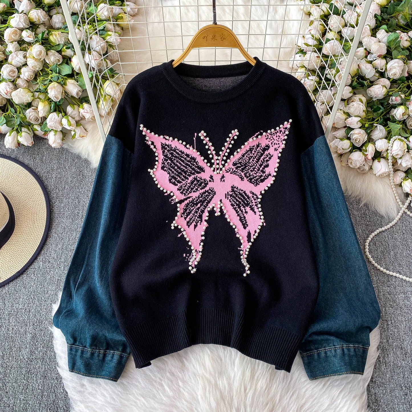 Damen Pullover Schmetterlingsmuster Denim Ärmel
