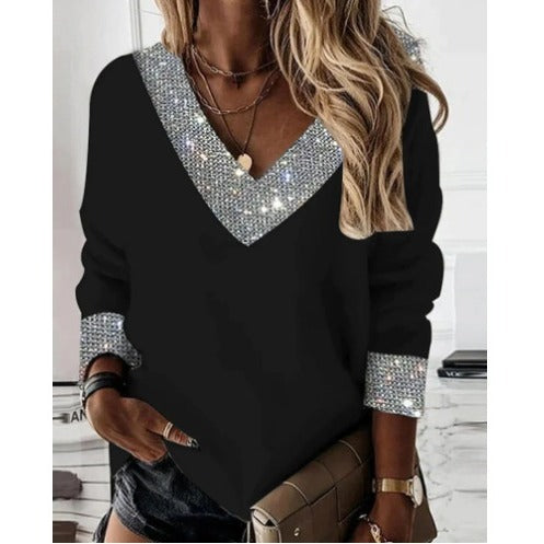 Damen Oberteil V-Ausschnitt Glitzernd Rüschendetails - Norvielle