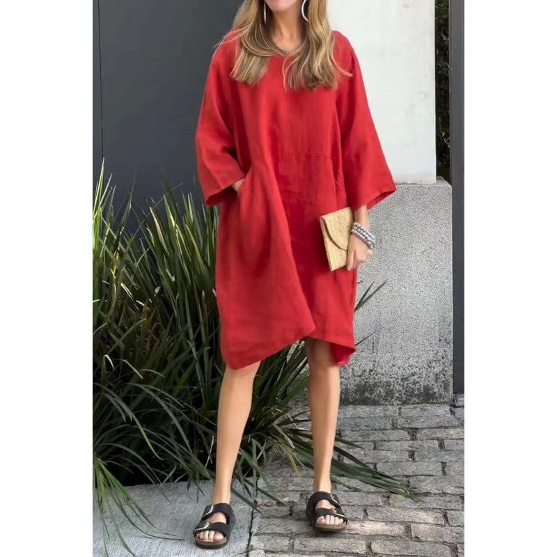 Norvielle Damen Einfaches Baumwollkleid Mit Taschen