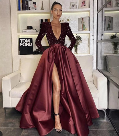 Damen Abendkleid V-Ausschnitt Hochgeschnitten Norvielle