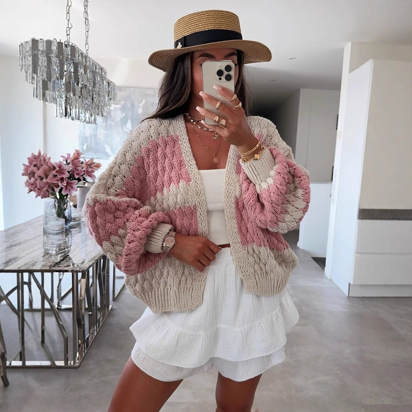 Damen Strickcardigan Oversized Zopfmuster Beige