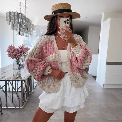 Damen Strickcardigan Oversized Zopfmuster Beige