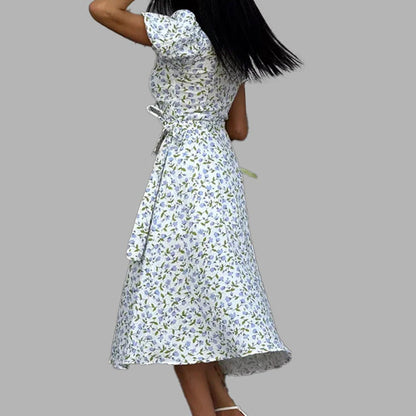Damen Wickelkleid mit Puffärmeln und Blumenmuster