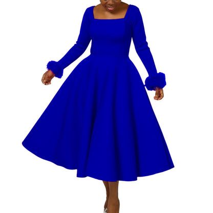 Damen Kleid Quadratischer Ausschnitt Fuchsfell Ärmel