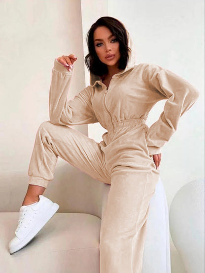 Damen Velours-Jumpsuit mit Kapuze elastisch Norvielle