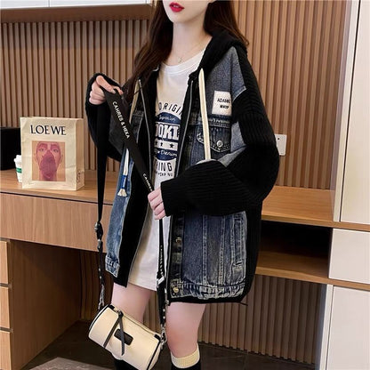 Damen Oversized Denimjacke Strickdetails