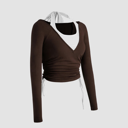 Damen Langarmshirt Doppeltes Design Raffung Norvielle