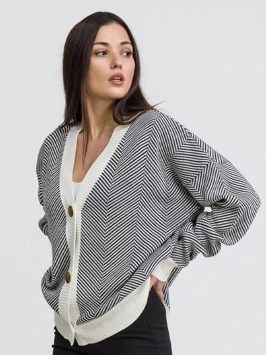Damen Strickcardigan Chevron Muster Elegante Knöpfe Beige