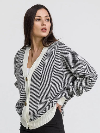 Damen Strickcardigan Chevron Muster Elegante Knöpfe Beige