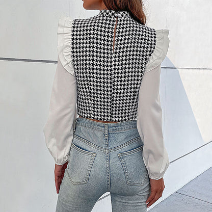 Damen Crop- Voluminöse Ärmel Karo Muster